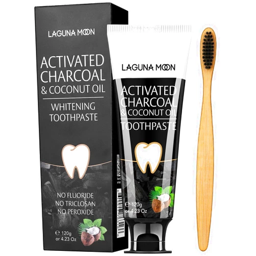 Lagunamoon Whitening Charcoal Toothpaste for Sensitive Teeth, Enamel Repair and Cavity Protection - Natural Toothpaste for Whitening Teeth, Removing Stains, Mint Flavor Freshen Breath Mint Gel - No Peroxide