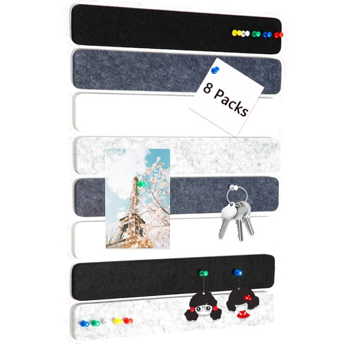 Arlasuo 8 Packs Felt Pin Board Bar Strips Bulletin Board for Bedrooms Offices Home Wall Decoration, Notice Board Self Adhesive Cork Board with 50 Push Pins for Paste Notes, Photos, Schedules