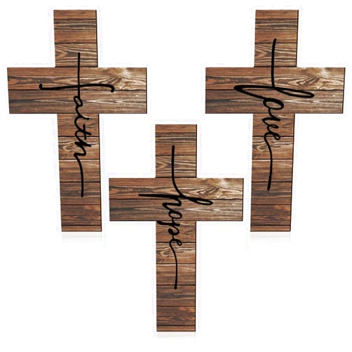 Jetec 3 Pieces Faith Love Hope Cross Sign Wood Wall Hanging Cross Rustic Cross Wall Decor Vintage Cross Wall Art Religious Love Cross Wall Decor Farmhouse Home Hanging Decor, 12 x 8 Inch (Brown)