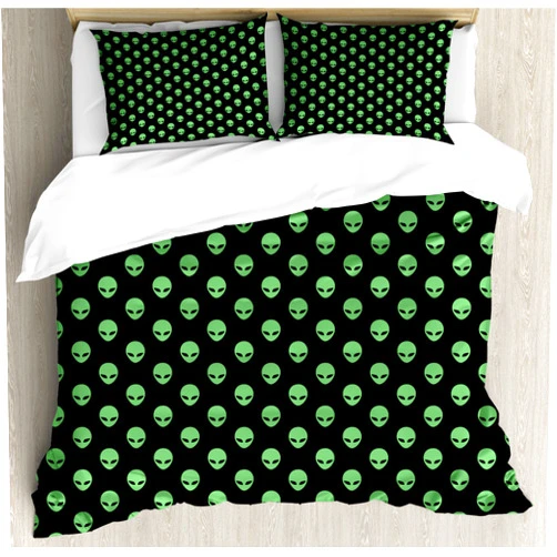 Ambesonne Alien Duvet Cover Set, Supernatural Martiansal Beings from Other Planets Head of an Alien, Decorative 3 Piece Bedding Set with 2 Pillow Shams, Queen Size, Fern Green Black