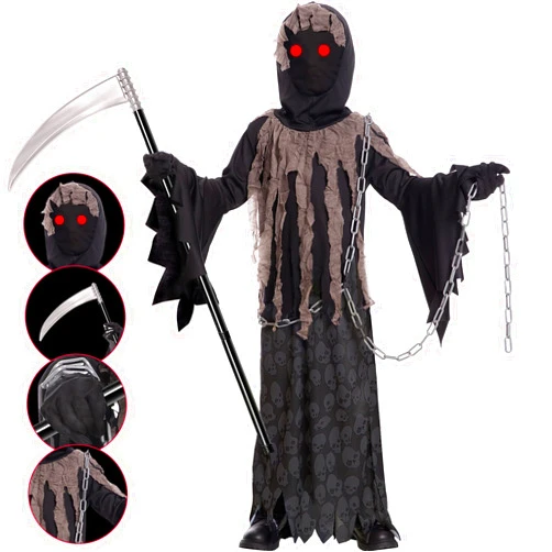 Lomesion Grim Reaper Costume for Kids Phantom Halloween Costume with Creepy Red Glowing Eyes, Skull Gloves Scythe included X-Large (12-14 yr)