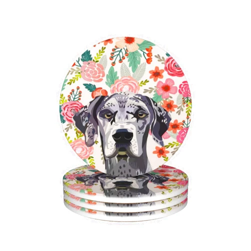 Xsovgoi Great Dane Dog Lovers Florals Ceramic Coaster with Cork Base Set of 4 for Home Decor Coffee Table Include Black Metal Holder Stand