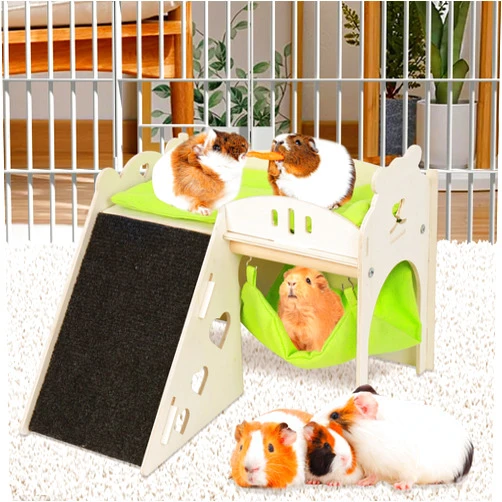 Teabelle Guinea Pig Hideout House with Hammock, Large Wooden Guinea Pig Habitat Platform with Ramp, Double Layer Sleeping Nest for Small Animal Hamster Chinchilla Rat Guinea Pig