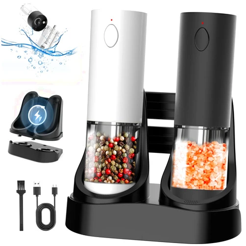 OidoZac Rechargeable Electric Salt and Pepper Grinder Set, Automatic Salt Pepper Mill Grinder with USB Charging Base & White LED Light, Adjustable Coarseness, Washable Container, One-handed Operation, 2 pack