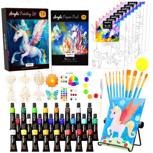 Nicpro 72PCS Kids Painting Set with Pattern Canvas, Art Painting Supplies Kit with 24 Acrylic Paints,10 Brushes, 8 Canvas Panels,Table Easel,Paper Pad,Color Wheel,Palette for Beginner Student Toddlers