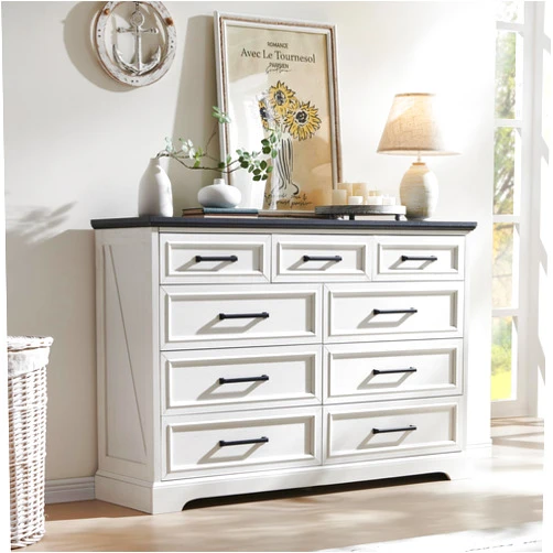 ACCOHOHO Farmhouse 9 Drawer Dresser for Bedroom, 36 Inch Tall Modern Dresser TV Stand with Large Drawers & Bar Handles, Rustic Wood Chest of Drawers for Bedroom, Living Room, Hallway, Off White