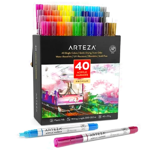 Arteza Acrylic Paint Markers, Set of 40 Acrylic Paint Pens in Assorted Colors, Art & Craft Supplies for Glass, Pottery, Ceramic, Rock, Canvas Painting
