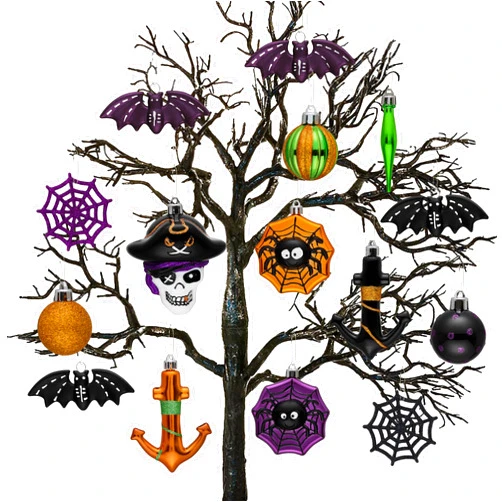 Valery Madelyn 50ct Halloween Ornaments for 4Ft Christmas Tree Decorations, Black Orange Purple Skull Pirates Variety Ball Ornament Set, Shatterproof Anchor Ornaments for Holiday Party Indoor Decor