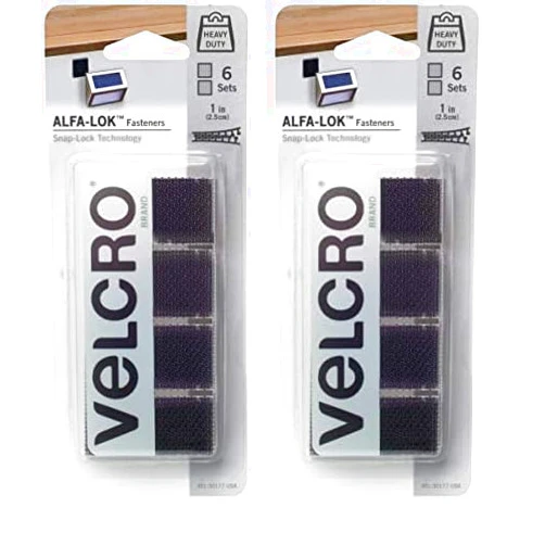 VELCRO Brand VEL-30177-USA ALFA-LOK Fasteners | Heavy Duty Snap-Lock Technology | Self-Engaging and Multidirectional Use | Black, 1 inch Squares, 6 Sets, 6 Count (Pack of 2)