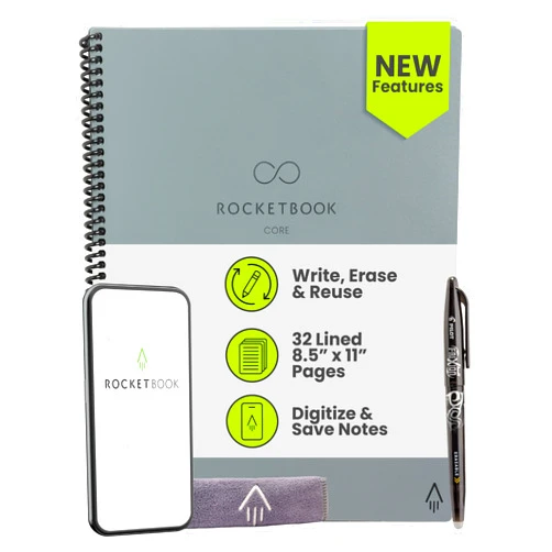 Rocketbook Core Reusable Smart Notebook, Lined Pages For School, Work and Creative Projects, Letter Size 8.5x11, Gray - Premium