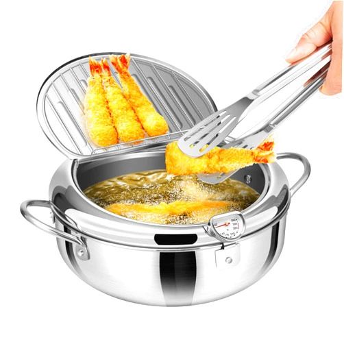 VIVOHOME 8.3 Inch 2.2 L 304 Stainless Steel Deep Fryer Pot with Tong, Tempura Fryer Pan with Thermometer for Chicken, Fish, French Fries, Shrimp
