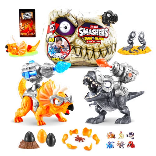 ZURU SMASHERS Smashers Dino Island T-Rex Battles (Black Version) by ZURU 50+ Surprises Boys Collectible Dinosaur T-Rex Triceratops Surprise Slime Sand Compounds Discovery