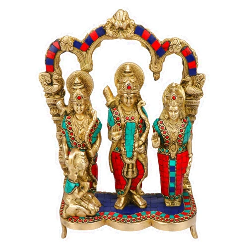 Kartique Brass Bhagwan Ram Darbar with Sita Laxman Hanuman Idol Statue Large Size Multicolored Stone Murti for Home Decor Mandir Temple Height 11 Inches