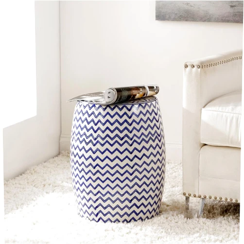 SAFAVIEH Home Collection Salana Chevron White & Navy Ceramic 18-inch Decorative Accent Garden Stool for Living Room, Bathroom, Patio, Side Table, Plant Stand (Fully Assembled)