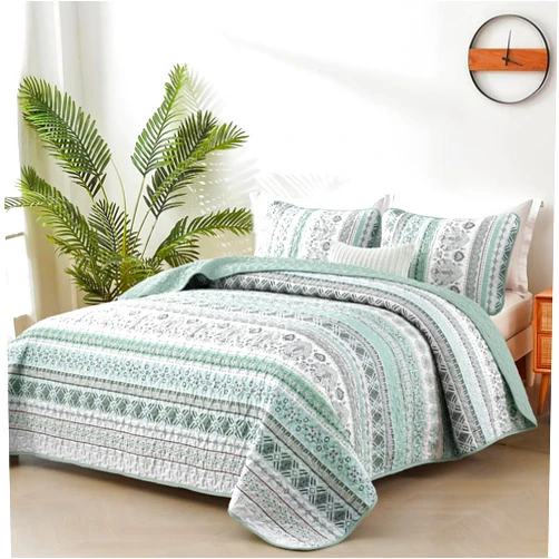Goodidea Boho Quilt Set Queen Size,3 Piece Mint Green Bohemian Striped Bedspread Coverlet Set with 2 Pillow Cases Lightweight Soft Microfiber Bedding Set for All Seasons (96