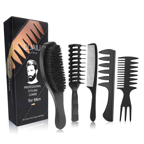 DUAIU Hair Brush, Boar Bristle Hair Brush and Hair Comb Set, Men Professional Styling Hairbrush Wide Tooth Comb for Curls Straight Thick Thin All Hair (5 PCS)
