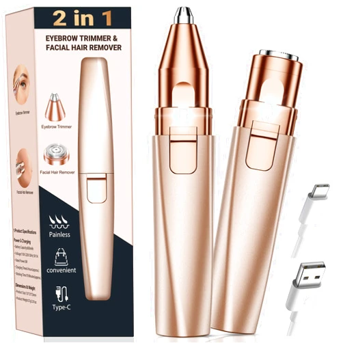 Bissuuy Eyebrow Trimmer Facial Hair Removal for Women: 2 in 1 Rechargeable Face Shaver and Eyebrow Razor - Painless Electric Hair Remover Device for Peach Fuzz Fine Hairs Upper Lip Chin