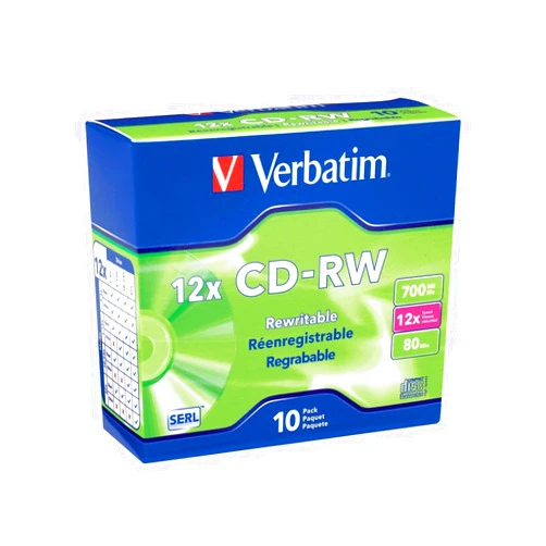 Verbatim CD-RW 700MB 4X-12X Rewritable Blank Media - 10 Discs in Slim Jewel Cases,Silver