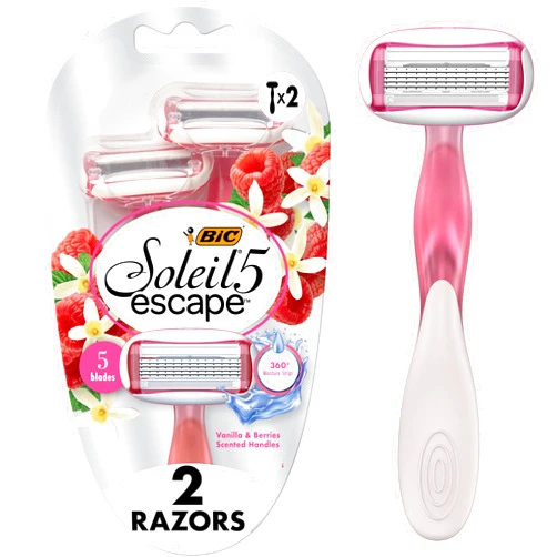 BIC Soleil Escape Women's Disposable Razors With 5 Blades for a Sensorial Experience and Comfortable Shave, Pack of Vanilla and Berries Scented Handle Shaving Razors for Women, 2 Count