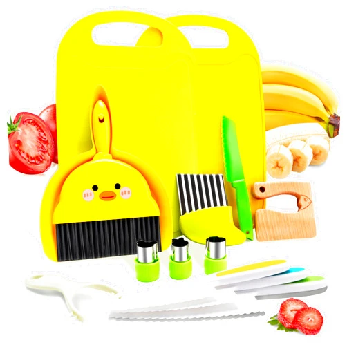 Acessorz 13 Pieces Montessori Kitchen Tools Playsets for Toddlers Kids, Kids Real Cooking Toddler, with Cutting Boards, Crinkle Cutter, Serrated Edges and Wooden Cookware Kitchen Toy Set - Light Green