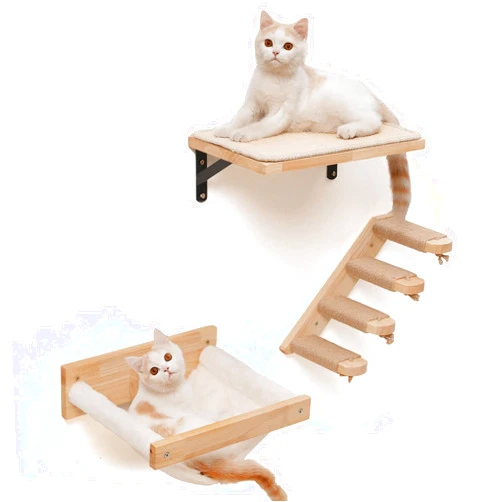 FUKUMARU Cat Wall Furniture, 3 Pack Cat Wall Shelves Set, Solid Rubber Wood Cat Shelf for Sleeping, Playing, Climbing and Lounging