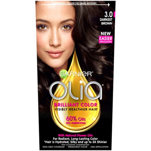 Garnier Olia Ammonia Free Permanent Hair Color, 100% Gray Coverage (Packaging May Vary), 3.0 Darkest Brown Hair Dye, Pack of 1