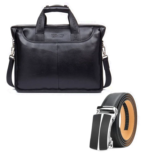 BOSTANTEN Leather Briefcase Handbag Messenger Business Bags for Men and Men's Leather Ratchet Dress Belt with Automatic Sliding Buckle