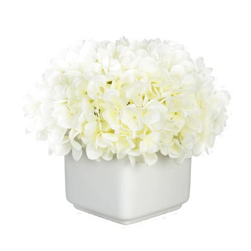 House of Silk Flowers Artificial Hydrangea in Small White Cube Ceramic (White)