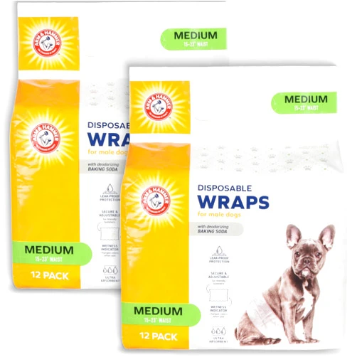 Arm & Hammer for Pets Male Dog Wraps, Medium 24 Ct | Ultra-Absorbent, Adjustable Male Dog Diapers with Leak-Proof Protection & Wetness Indicator | Arm & Hammer Baking Soda Enhanced for Odor Control
