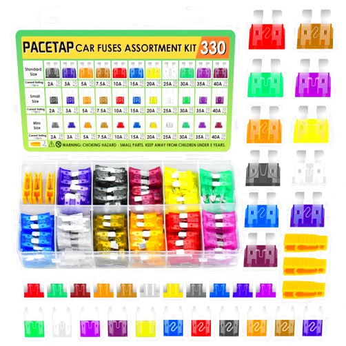 PACETAP 330 PCS Car Fuses Assortment Kit Include Standard & Small & Mini Size(2A/3A/5A/7.5A/10A/15A/20A/25A/30A/35A/40A), Car Blade Fuses Set with Fuses Puller for Car Boat Truck SUV