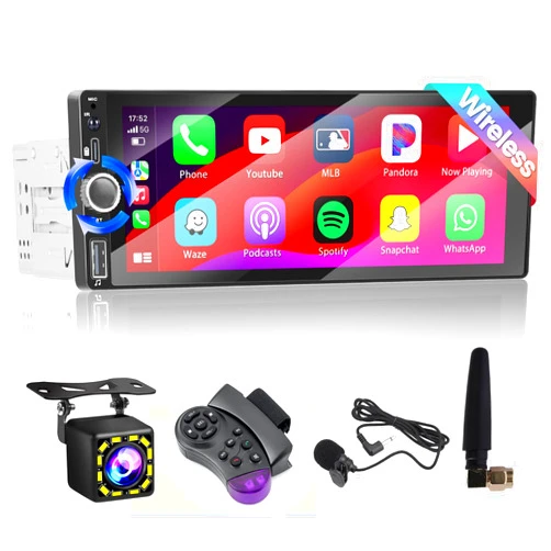 Hikity 6.9 Inch Wireless Apple Carplay Single Din Car Stereo with Android Auto, Bluetooth Touchscreen Car Radio with Backup Camera Microphone USB Type C