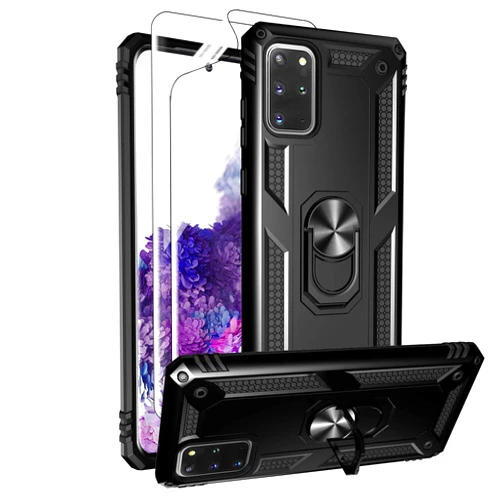 Androgate for Samsung Galaxy S20 Plus Case with HD Screen Protectors, Military-Grade Metal Ring Holder Kickstand 15ft Drop Tested Shockproof Cover Case for Samsung Galaxy S20+ /S20+ 5G Black