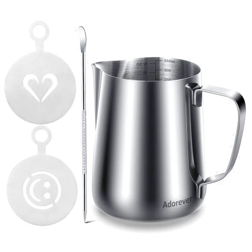 Adorever Milk Frothing Pitcher 12oz/350ml Steaming Pitchers Stainless Steel Milk Coffee Cappuccino Latte Art Barista Steam Pitchers Milk Jug Cup with Decorating Art Pen & 2 Decoration Stencils 12oz / 350ml