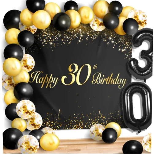 LINGPAR Happy 30th Birthday Balloons Black Set Decor - Cheers to 30 Years Old Party Theme Garland Banner Backdrop Decorations For Women and Men Supplies
