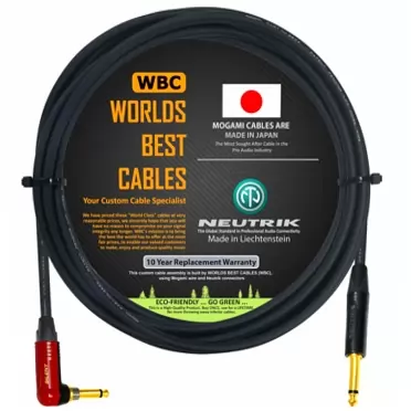 WORLDS BEST CABLES 12 Foot - Guitar Bass Instrument Cable Custom Made by WORLDS BEST CABLES – Using Mogami 2524 Wire and Neutrik NP2RX-AU-SILENT & Neutrik NP2X-B ¼ Inch (6.35mm) TS Plugs