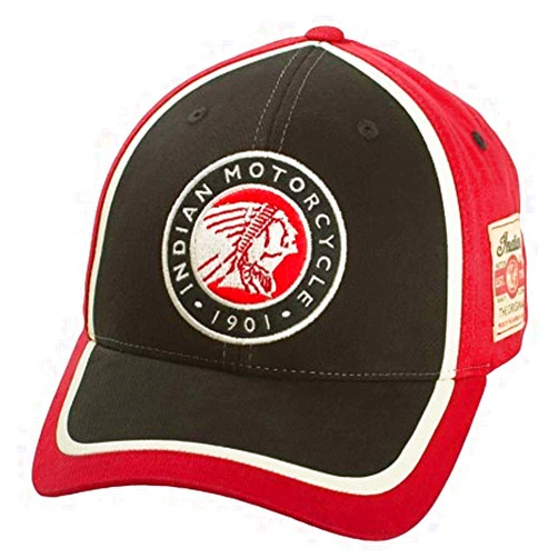 Indian Motorcycle Circle Patch Hat, Red/Black, Regular Fit, Premium Embroidery, Multi-Colored Design, Branded Fabric Patch, Contrast Stitching