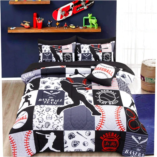 A Nice Night Sports Geometric Grid Black Patchwork Baseball Printed for Boys Twin 6Pcs Bed in A Bag Comforter Bedding Set,Black