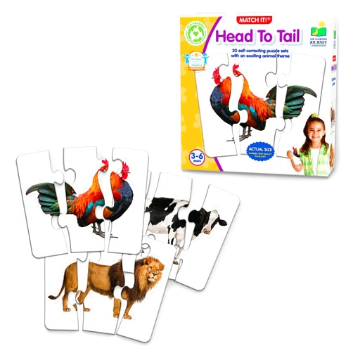 The Learning Journey: Match It! Head to Tail - 20 Self-Correcting Animal-Themed Puzzle Sets - Matching Puzzles for Children Ages 3-6 Years (40 Pieces), White