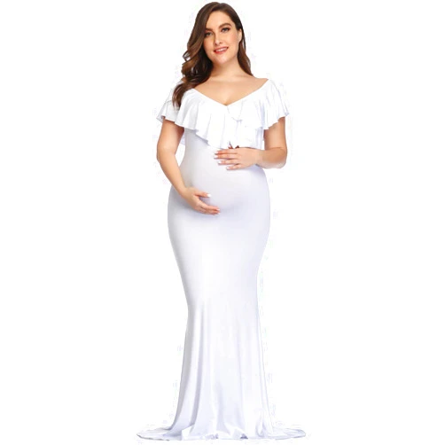 YnimioAOX Maternity Long Dress Ruffles Elegant Maxi Photography Dress Stretchy Slim Gowns for Photoshoot