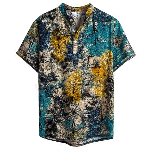 GDJGTA Mens Ethnic Short Sleeve Tee Casual Cotton Linen Printing Hawaii Shirt Hawaiian Henry Collar Shirt Top Blouse M-3XL