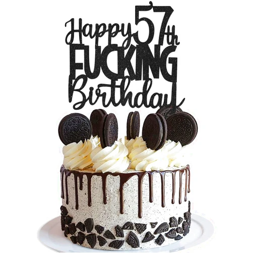 Caiwowo Happy 57th Fuxking Birthday Cake Topper - Funny Black Glitter 57 & Fabulous Party Supplies - Cheers to 57 Years Party Cake Decoration