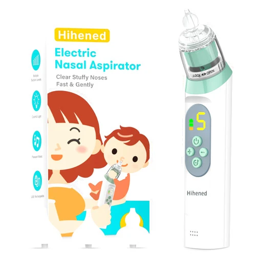 Hihened Electric Nasal Aspirator for Baby, Nose Aspirator for Toddlers, Waterproof Baby Nose Sucker, Nose Cleaner with 3 Silicone Tips, Adjustable Suction Level, Music and Light Soothing Function,Green