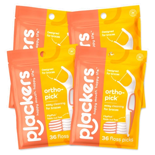 Plackers Orthopick Floss Picks, Unflavored, Designed for Braces, Fold-Out FlipPick, Tuffloss, Easy Storage with Sure-Zip Seal, 36 Count (4 Pack)