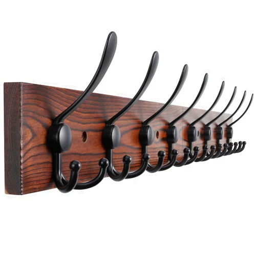 Kuhome 32'' Large Coat Rack Wall Mount Coat Hooks Coat Hanger with 8 Metal Black Triple- Hooks Brown Pine Real Wood Plank Hat Rack for Wall Hooks for Hanging Coat Hat Jacket