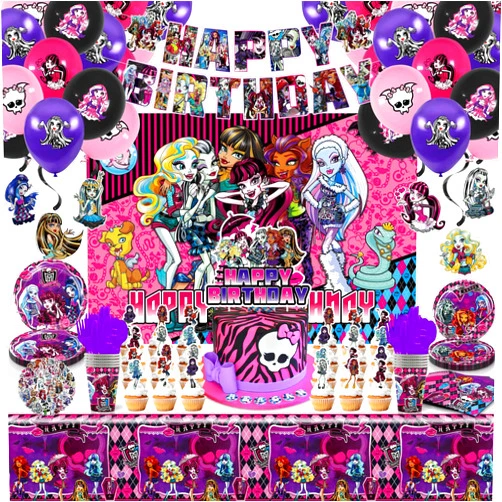 Rantonly 204 Pcs Monster Theme Party Supplies - High School Birthday Party Decoration Include Banner Monster Plates Napkins Tablecloth Balloons Swirls Backdrop Cupcake Toppers