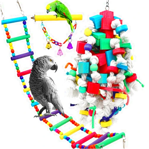 PETUOL Bird Toys, Large Bird Swing Toys, 3 PCS Parrot Toys Chewing Wood with Bells Toys for Small Macaws Cockatoos, Alexandrine Parakeet, African Grey Parrot and Variety of Medium Amazon Parrots