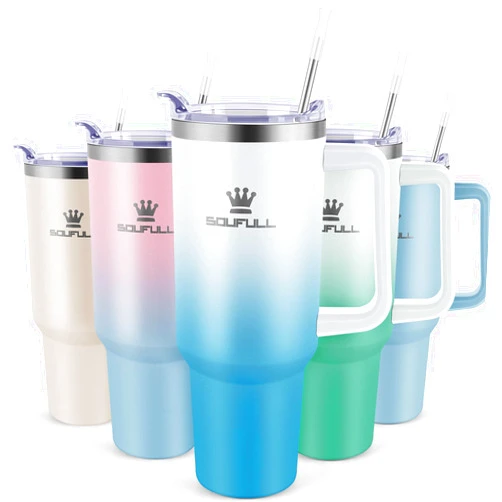 Soufull 40 oz Tumbler with Handle and Straw Lid, 100% Leak-proof Travel Coffee Mug, Stainless Steel Insulated Cup for Beverages, Keeps Cold for 34Hrs or Hot for 10Hrs, Dishwasher Safe (WhiteBlue)