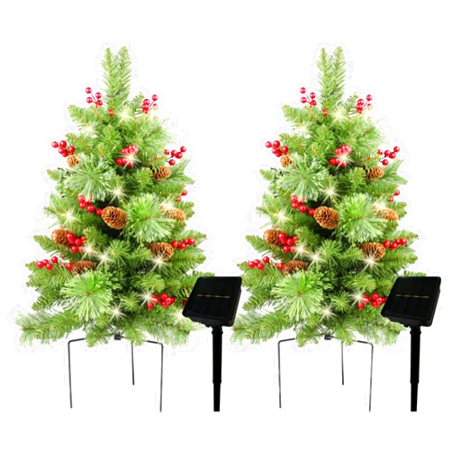 HomeKaren Solar Christmas Tree 30 inch Prelit 2 Set Pathway Porch Christmas Trees Pre-Light LED Battery Operated Outdoor Xmas Decor for Entrance Driveway, Yard, Garden