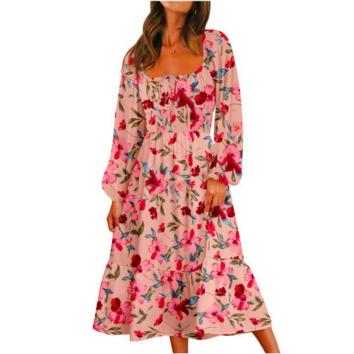 Shallmu Women Floral Fall Long Sleeve Dress 2023 Midi Dress Boho Casual Square Neck Trendy Dresses