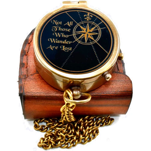 Kiristan Vintage Brass Compass Not All Those Who Wander are Lost, Engraved Antique Pocket Compass with Leather Case, Inspirational Graduation Gift for Men, Hiking Camping Navigation Nautical Compass